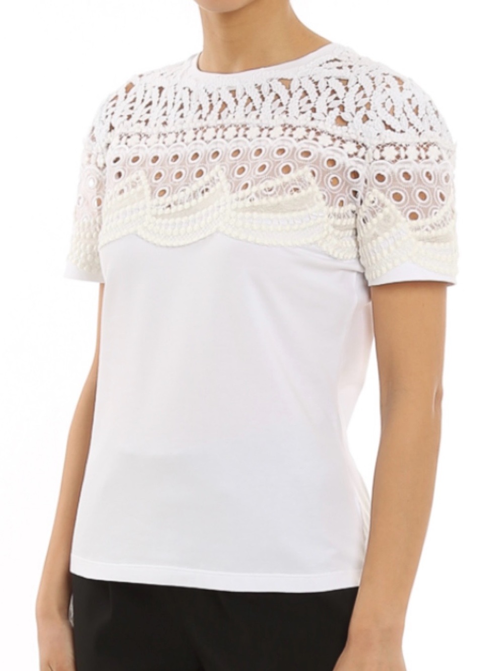 Ermanno Scervino White Cotton T-Shirt with Macrame and Embroidery Detail
